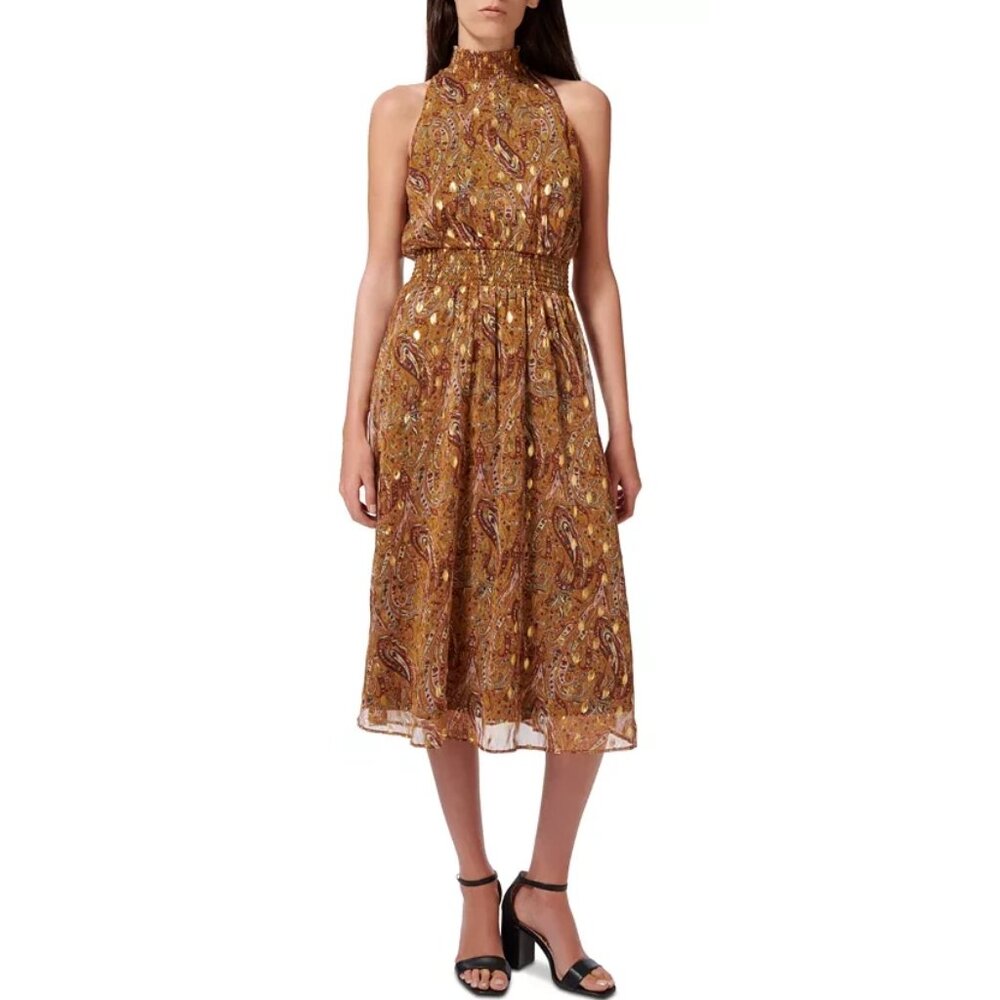 Sam Edelman High Neck Midi Smocked Paisley Patterned Dress Gold Brown 8